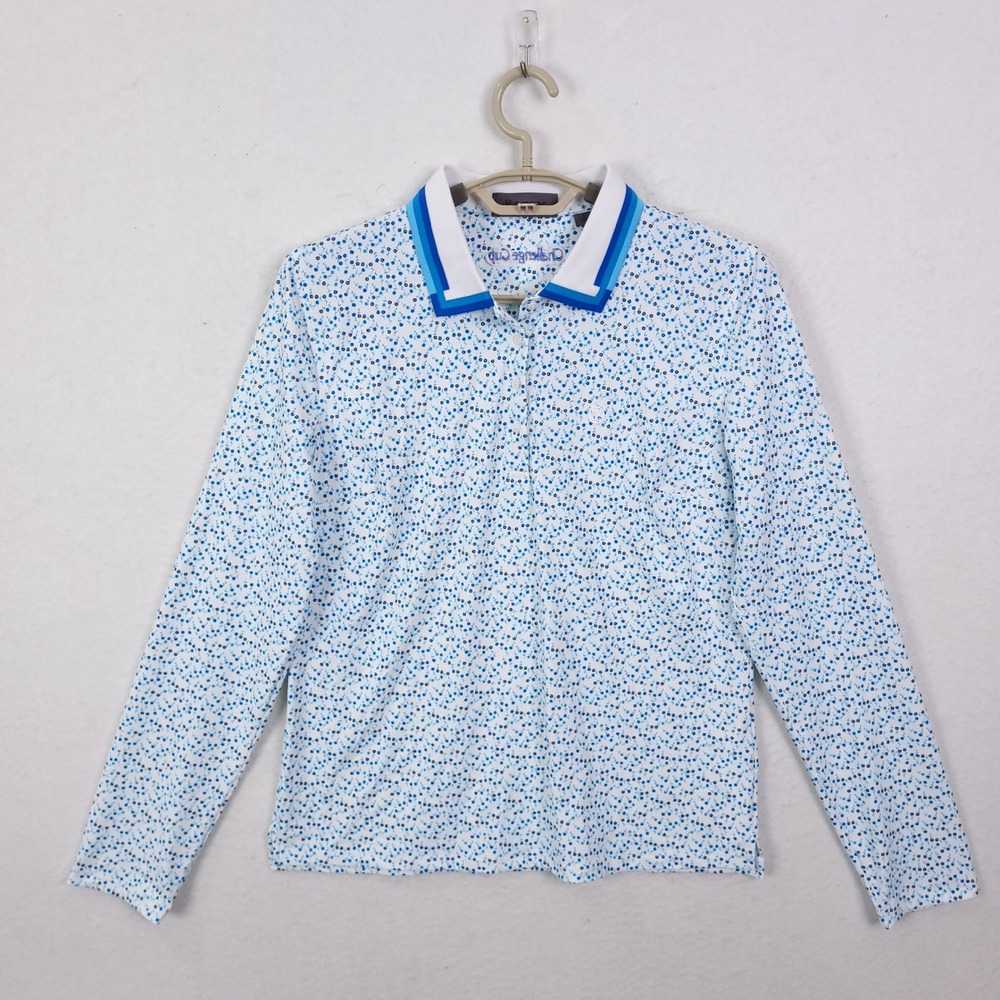 G/FORE Polo Shirt Womens Large White Blue Floral Long Sleeve Golf Challenge Cup